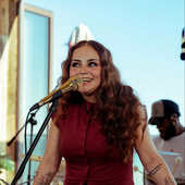 On stage at beach gig